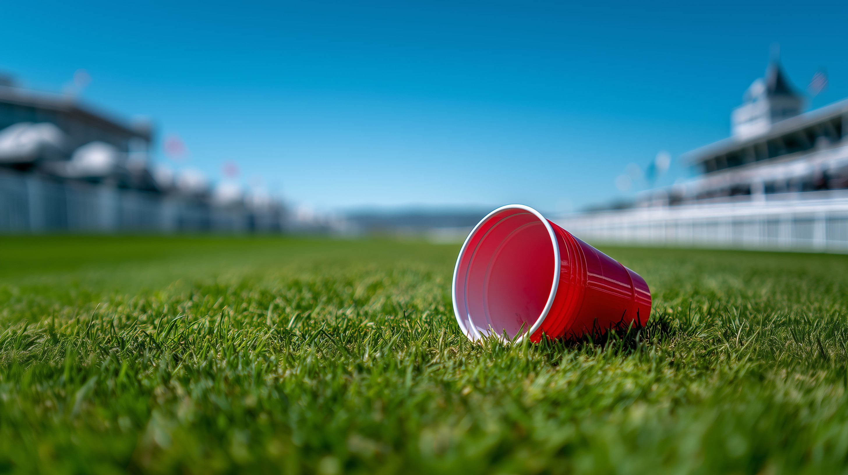 A red cup lying on the grass at a racetrack